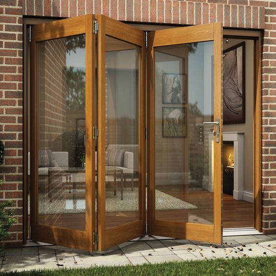 Wooden Color Aluminum Bid Folding Laminted Glass Sliding Door